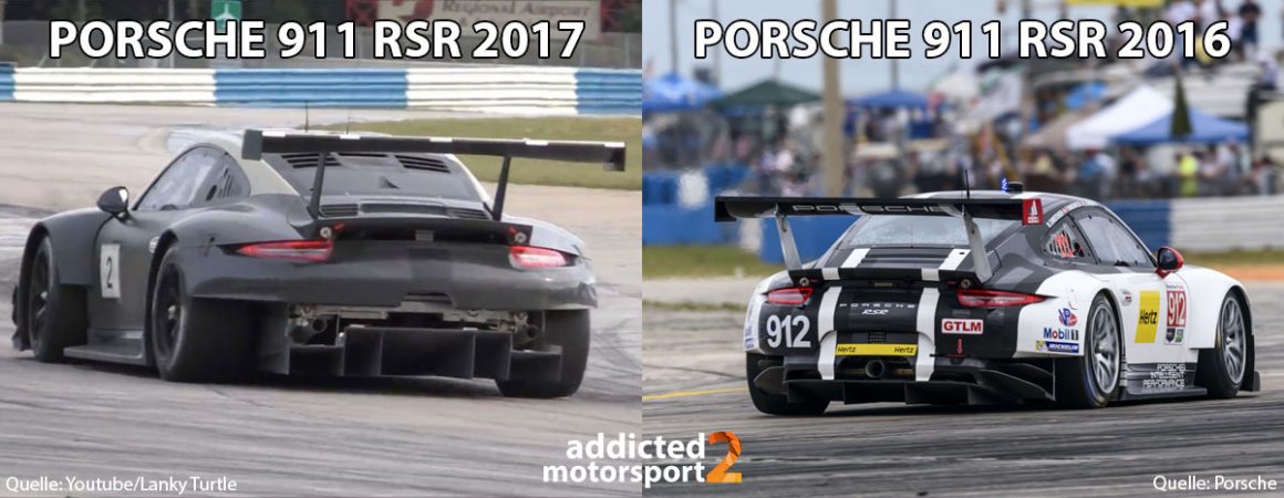 Porsche 911 RSR LM-GTE im Vergleich. Gut zu erkennen ist der größere Diffusor beim neueren Modell.